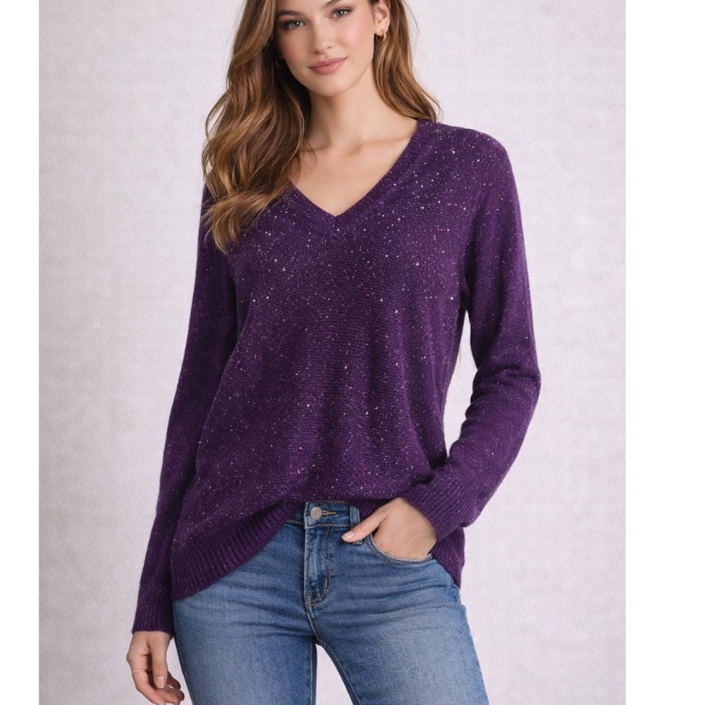 CHARTER CLUB Purple Sparkly V Neck Sweater XL